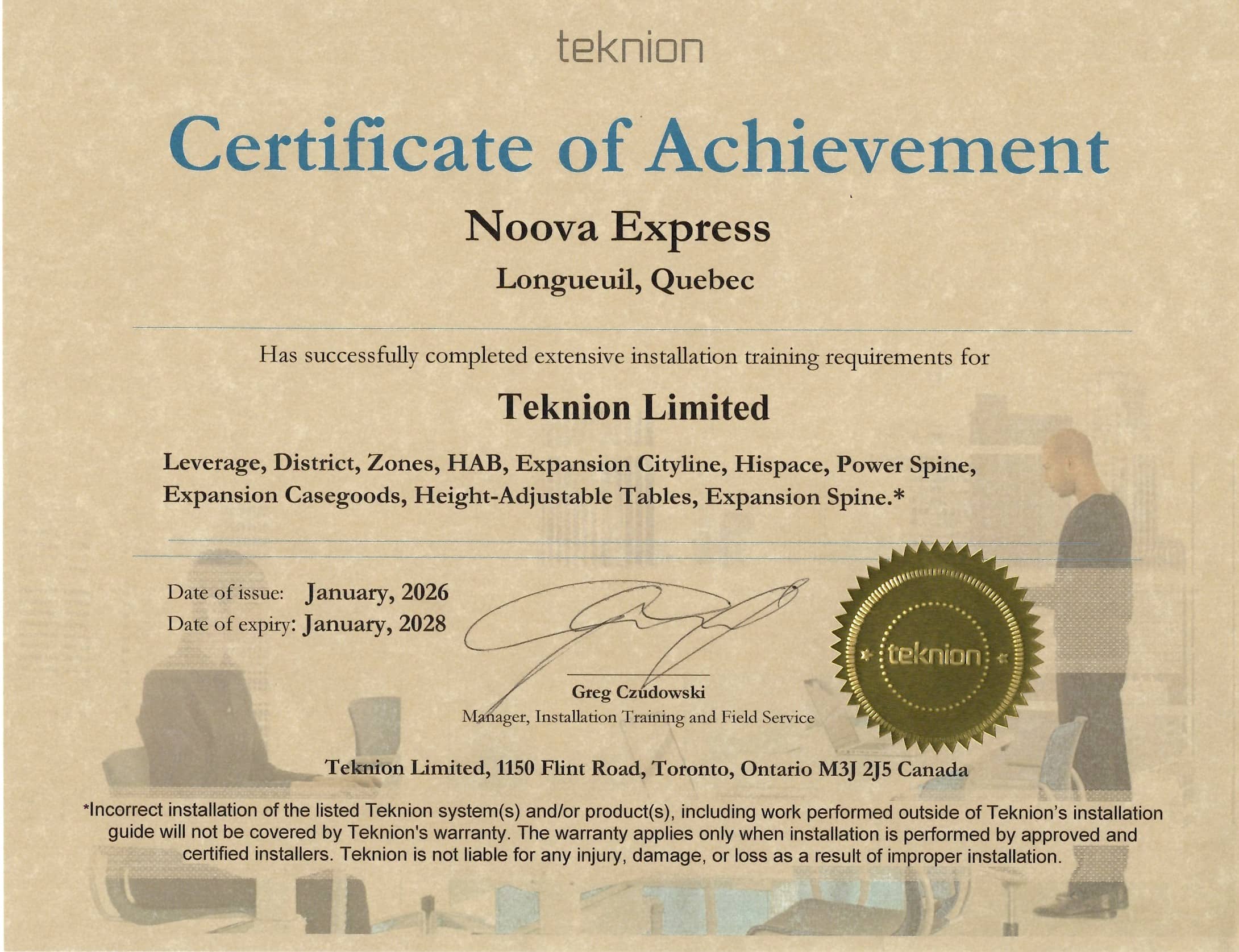 Certificat d'excellence Teknion décerné à Noova Express, Longueuil, Québec